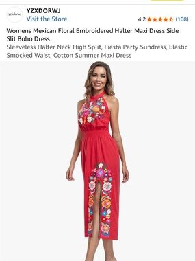 Red Embroidered Maxi Dress with Side Slit (including bracelets in pictures)